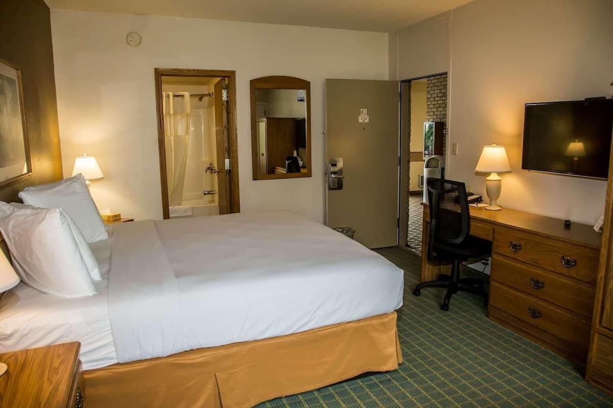 A hotel room with a bed, desk, chair, television, and a mirror.