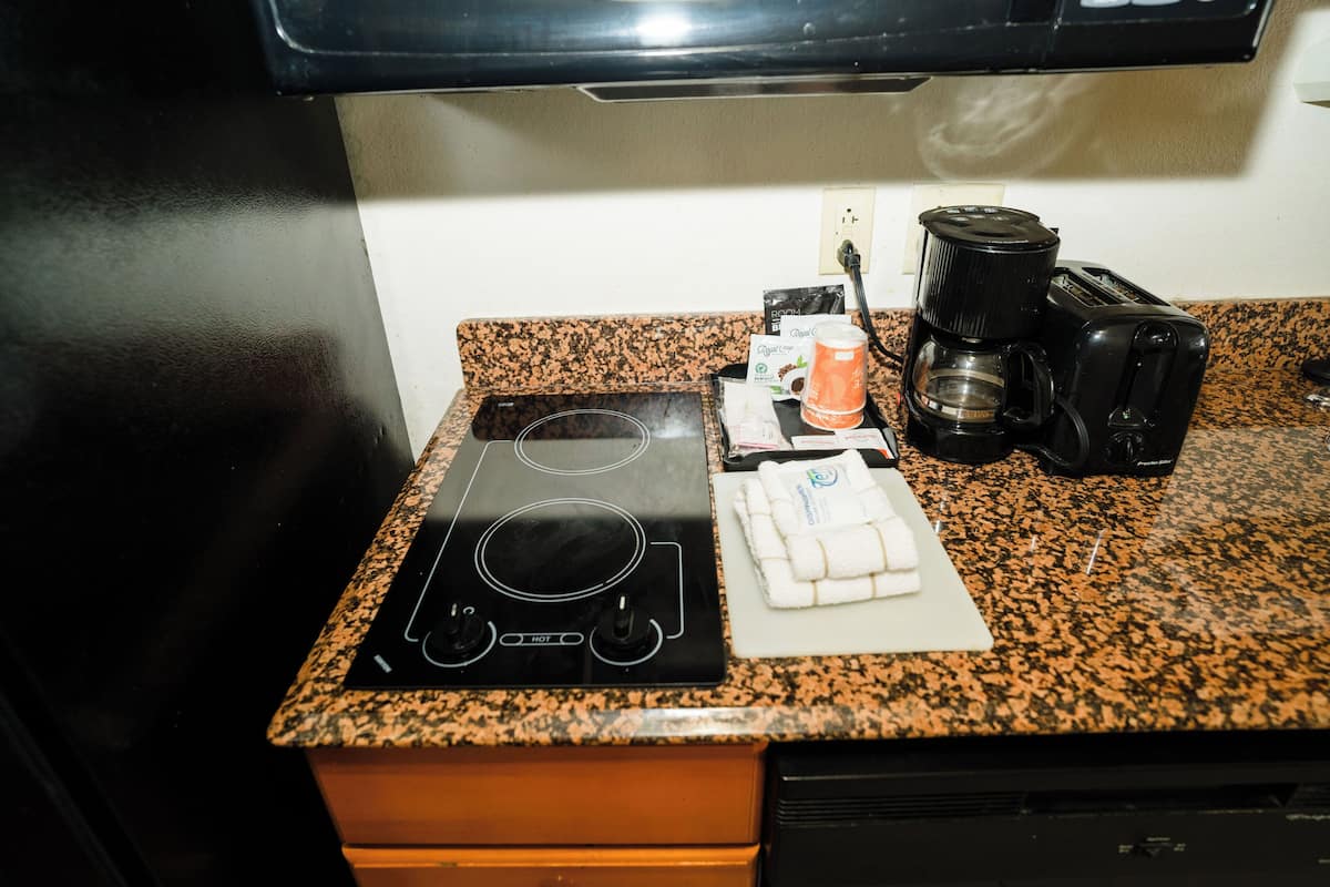 Full-sized fridge, microwave, stovetop, dishwasher