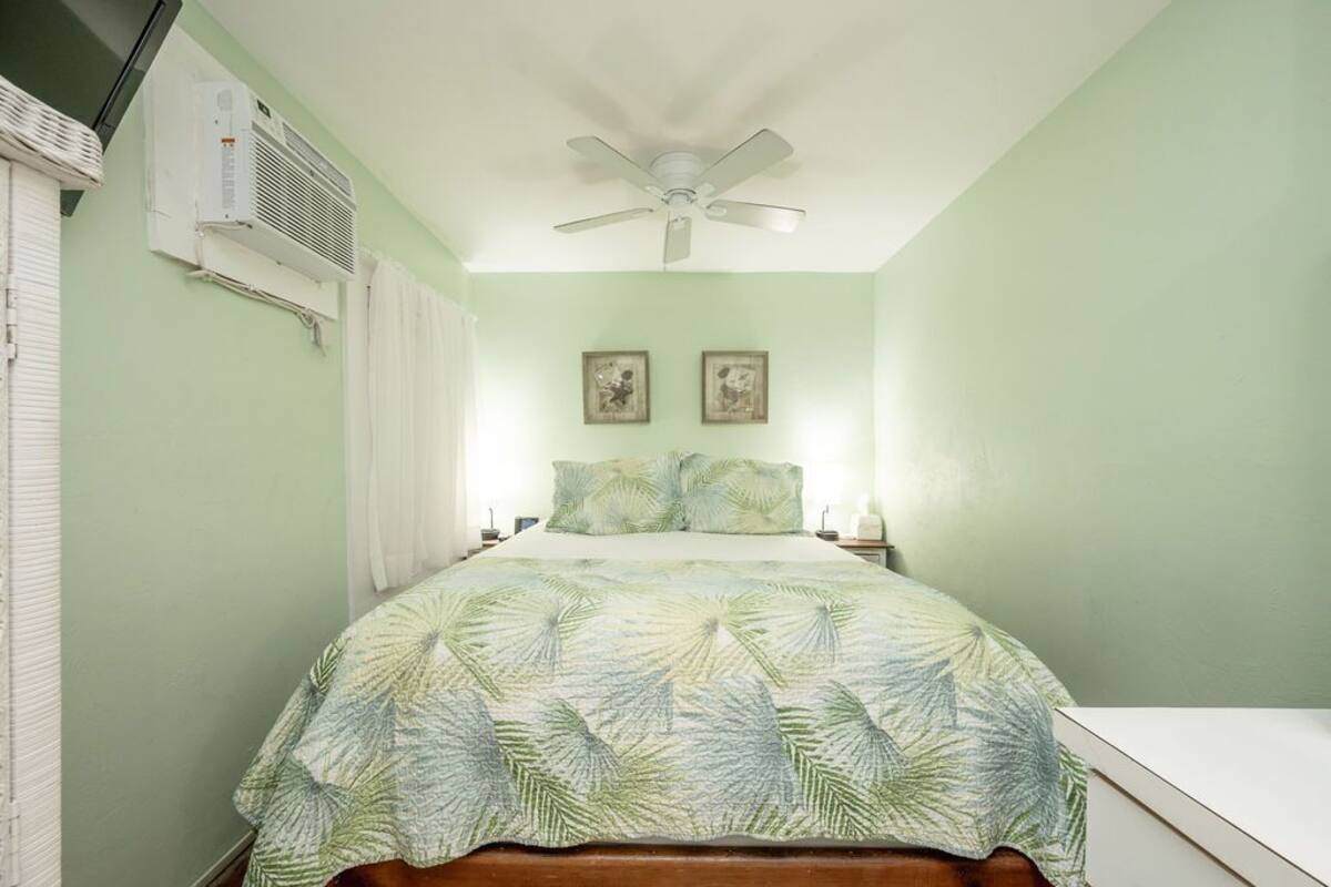 A bedroom with a bed, a ceiling fan, two wall-mounted air conditioners, and two framed pictures on the wall.