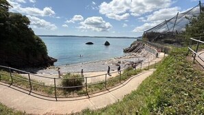 A coastal walkway with a sandy beach, a rocky outcrop, and a clear view of the sea. - The Shirley (Torquay)