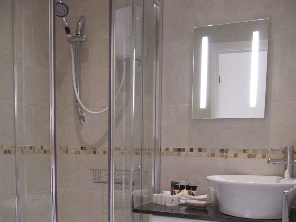 A modern bathroom with a glass shower enclosure, a white sink, and a mirror above it.