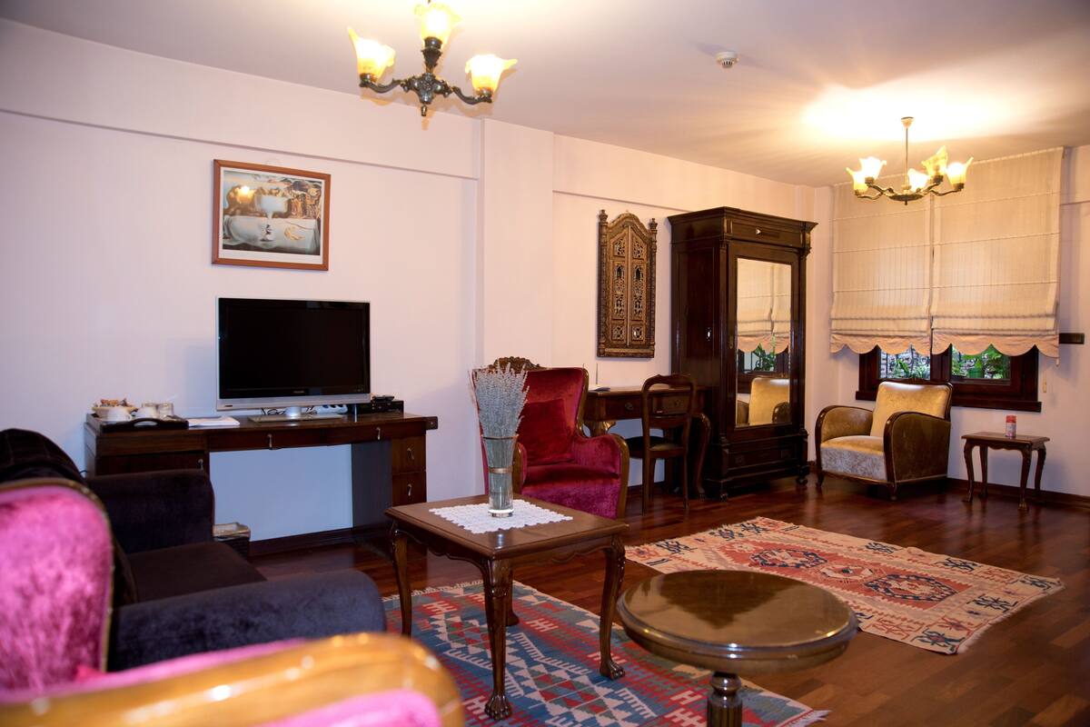 A living room with a flat-screen TV, a red armchair, a wooden cabinet, and a patterned rug.