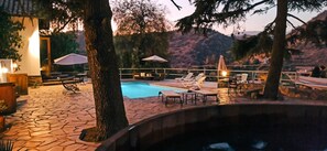 A pool area with lounge chairs and umbrellas, surrounded by trees and a stone patio.