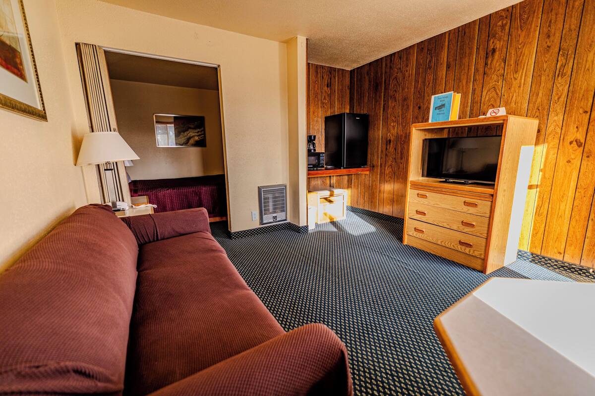 Quarto de hotel compacto com sofá marrom, pequena mesa de jantar, TV sobre um móvel de madeira e cozinha compacta com geladeira e cafeteira.