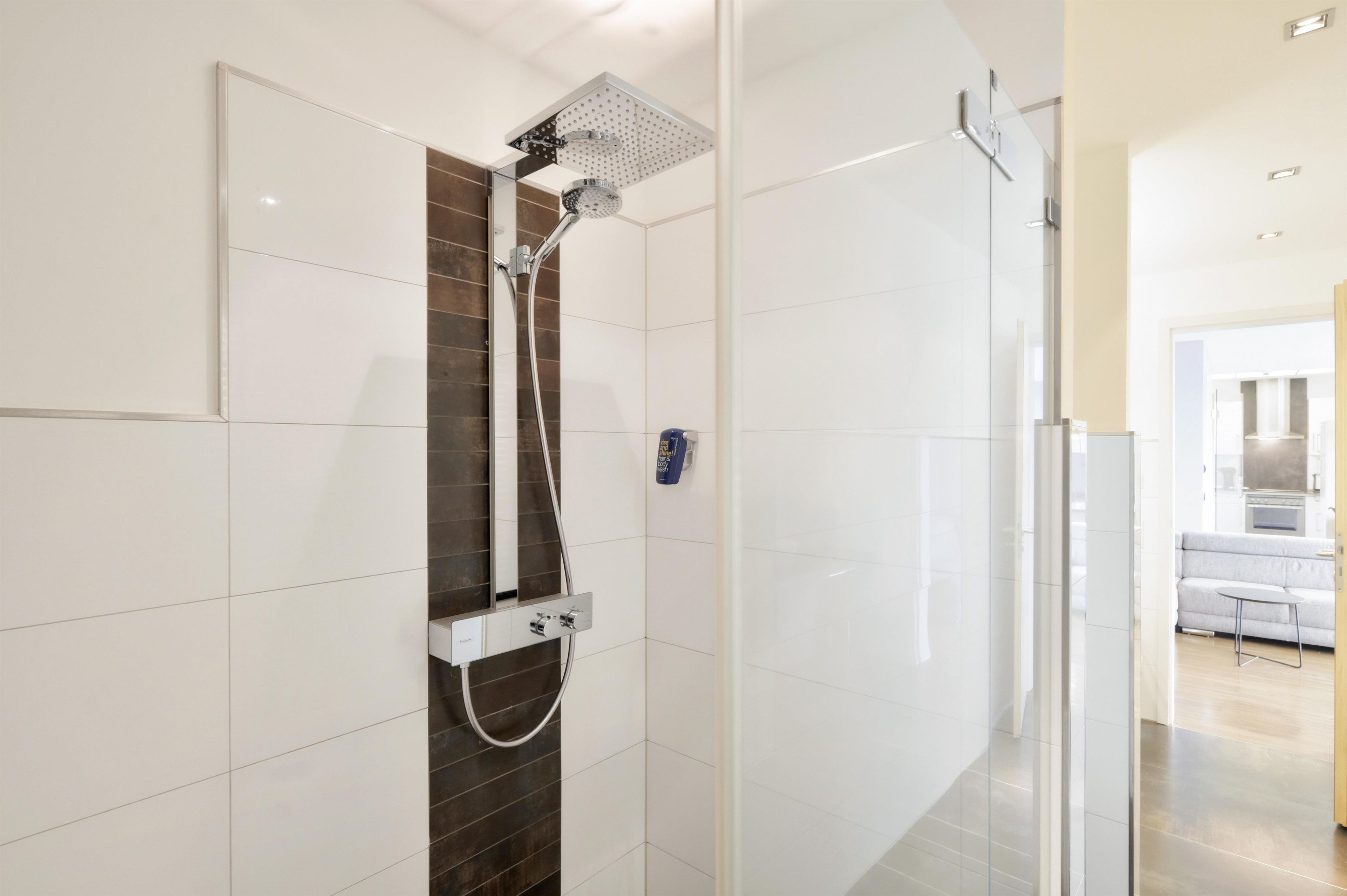 A modern bathroom with a glass shower enclosure, a handheld showerhead, and a wall-mounted faucet.