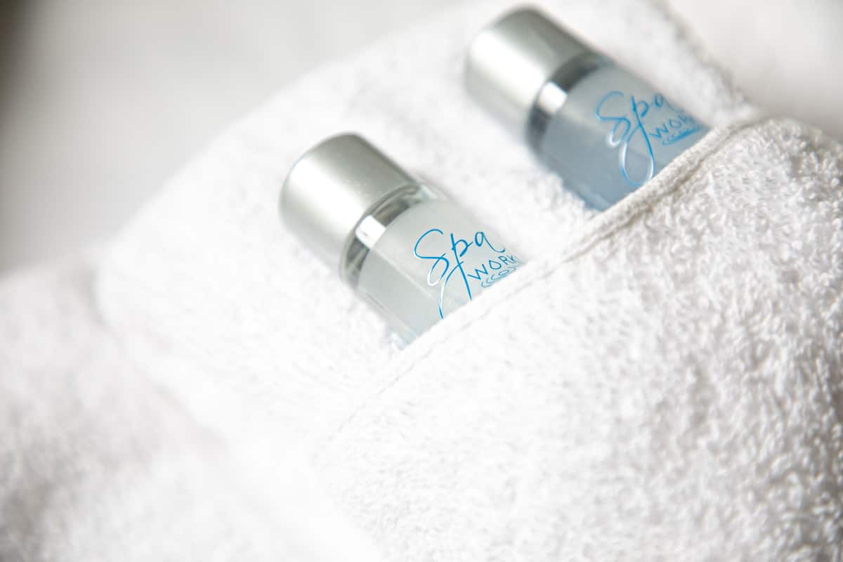 shower, free toiletries, hair dryer, towels