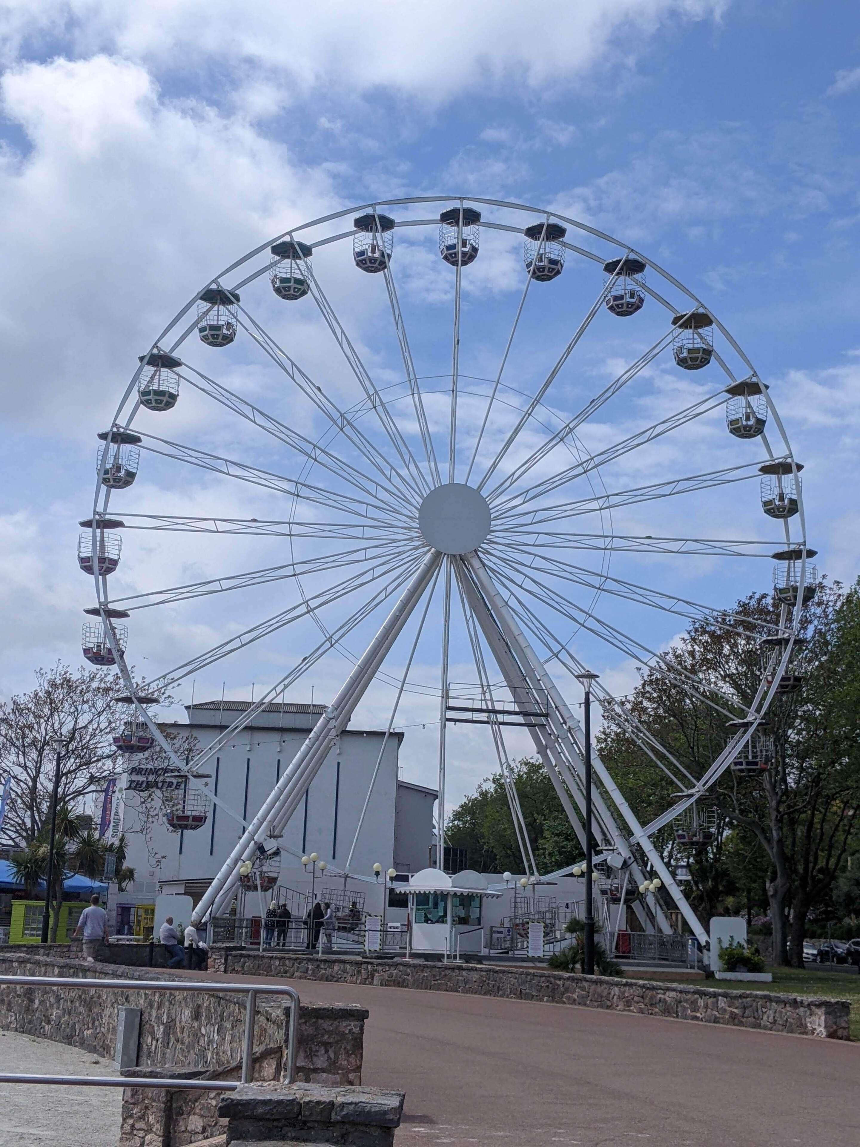 A large Ferris wheel with multiple cabins, a building labeled "Prince of the City Theatre," and a stone wall in the foreground.