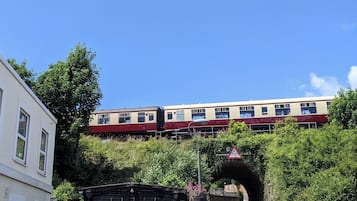 A train passing over a bridge with greenery on either side.