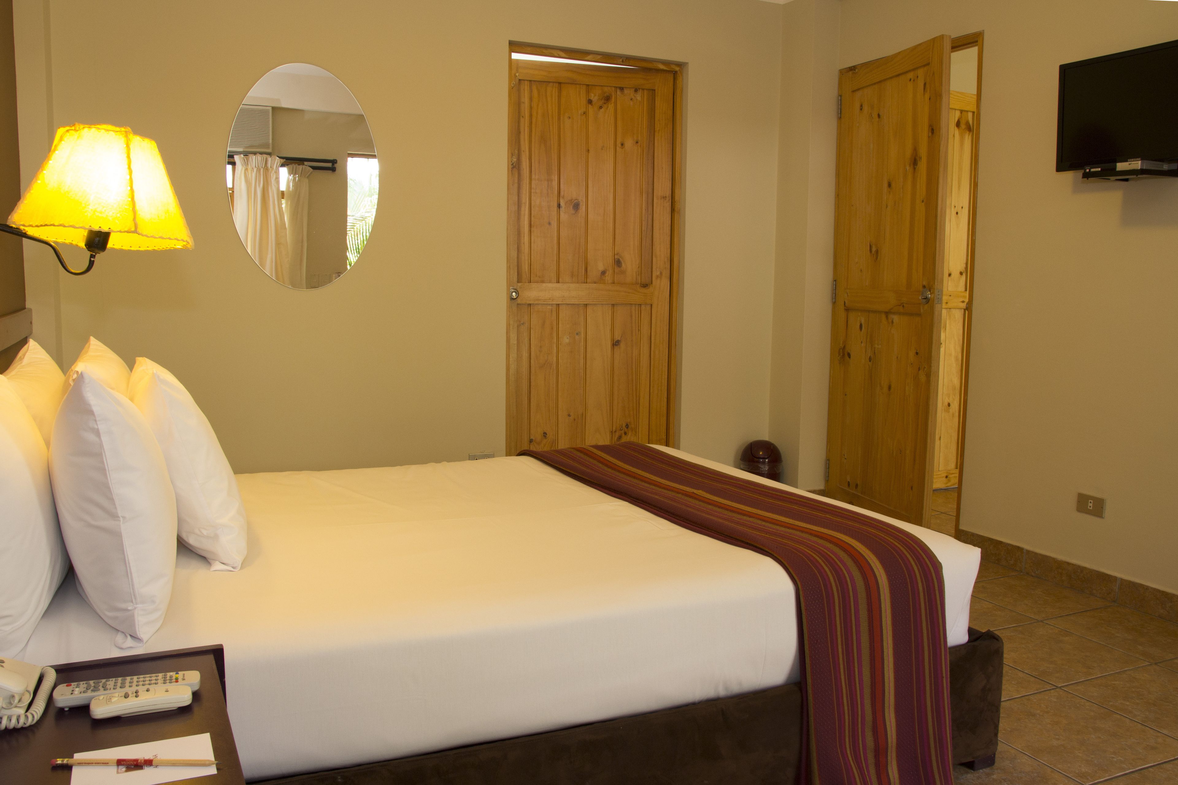 Habitación de hotel con cama, lámpara de noche, espejo y televisión en la pared.