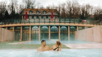 Indoor pool, outdoor pool, pool umbrellas, sun loungers