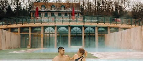 Indoor pool, outdoor pool, pool umbrellas, sun loungers