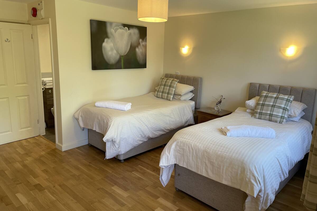 A hotel room with two beds, a wooden floor, a painting of a flower, and a lamp.