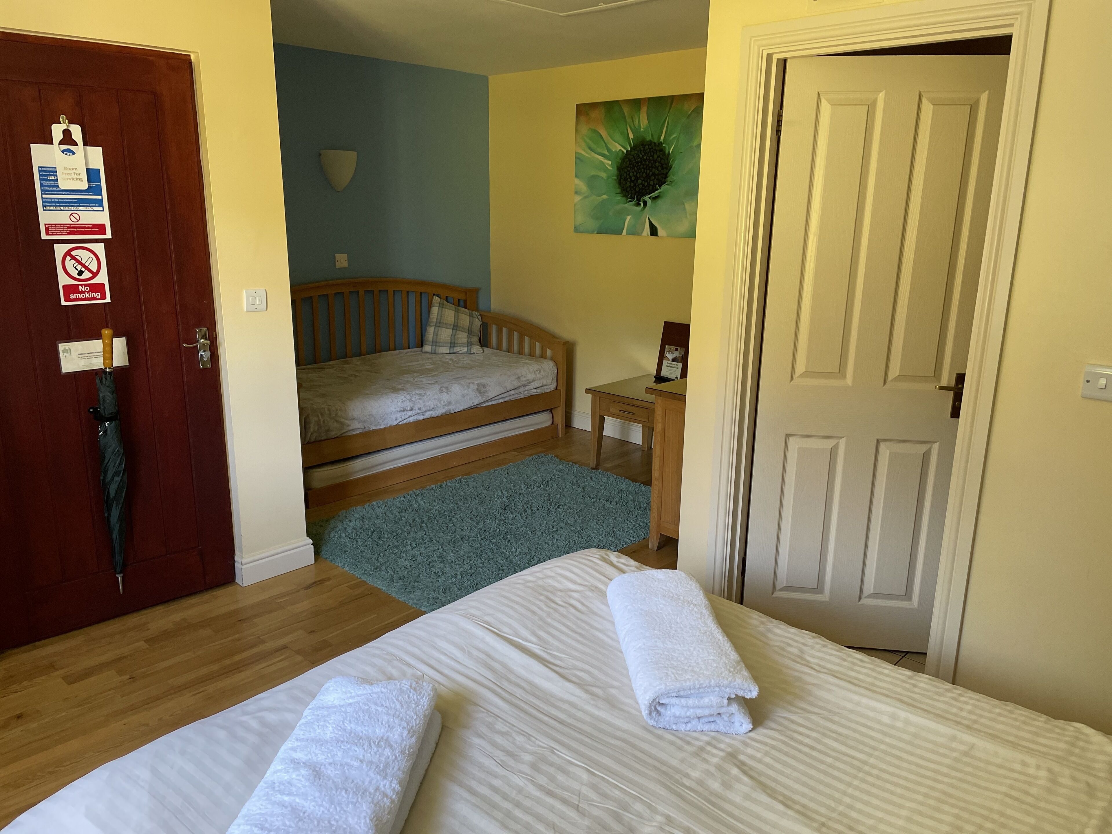 A room with a bed, a desk, a chair, a door, and a wall with a painting.