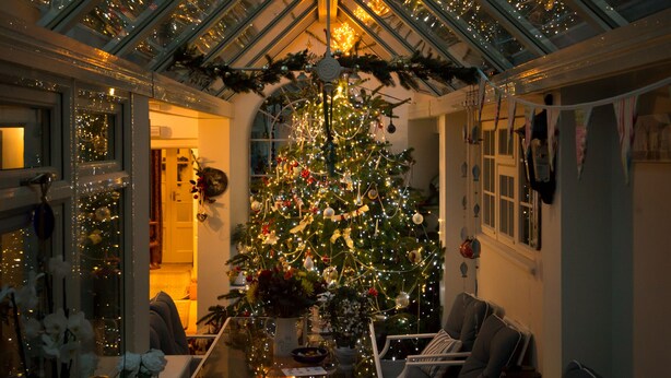 A conservatory with a large Christmas tree, seating area, and a glass ceiling. - The Old Brewhouse (Cirencester)