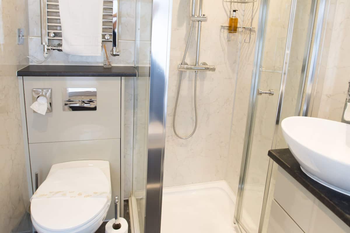 A modern bathroom with a glass-enclosed shower, a white toilet, a sink, and a towel rack.