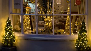 A hotel window display with Christmas decorations, including two small Christmas trees and various ornaments. - The Old Brewhouse (Cirencester)