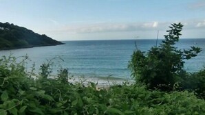 A coastal view with a beach, vegetation, and a distant hill. - Borthalan Hotel (St Ives)