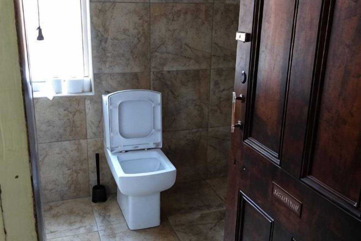 A bathroom with a toilet, a plunger, and a window with light coming through.