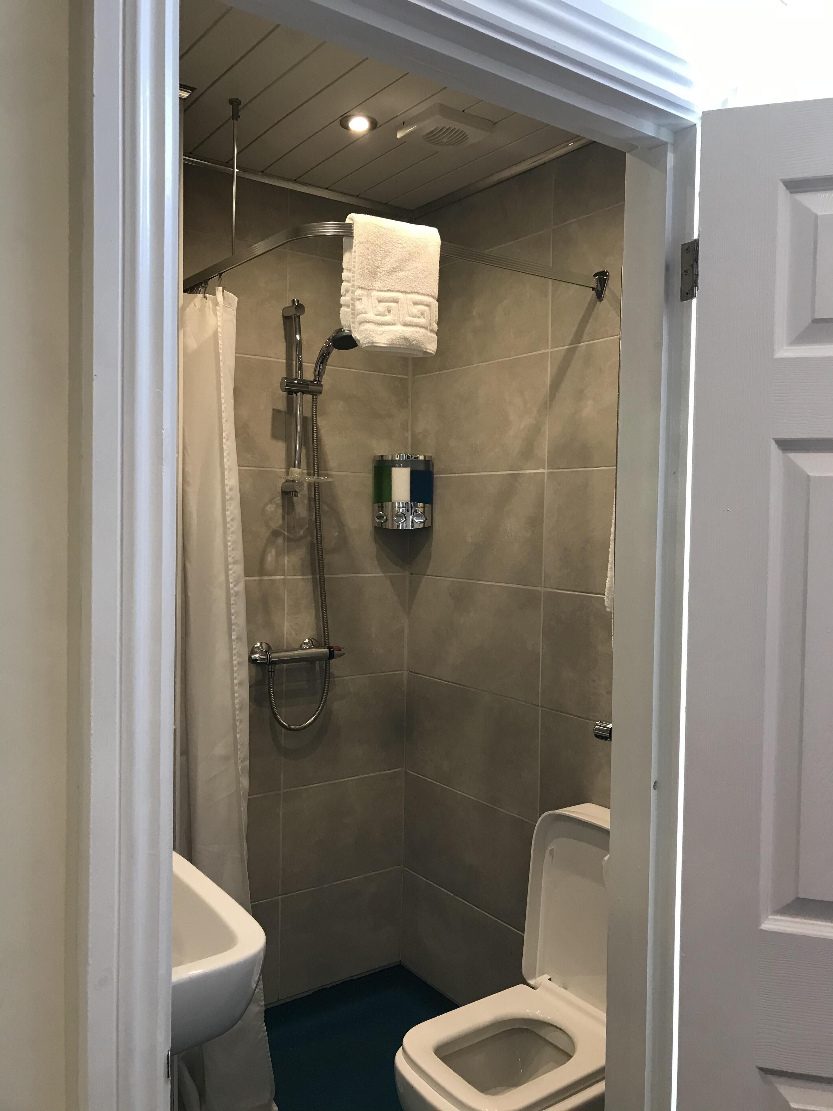 Une petite salle de bain carrelée, équipée d’une douche, de toilettes et d’un lavabo.