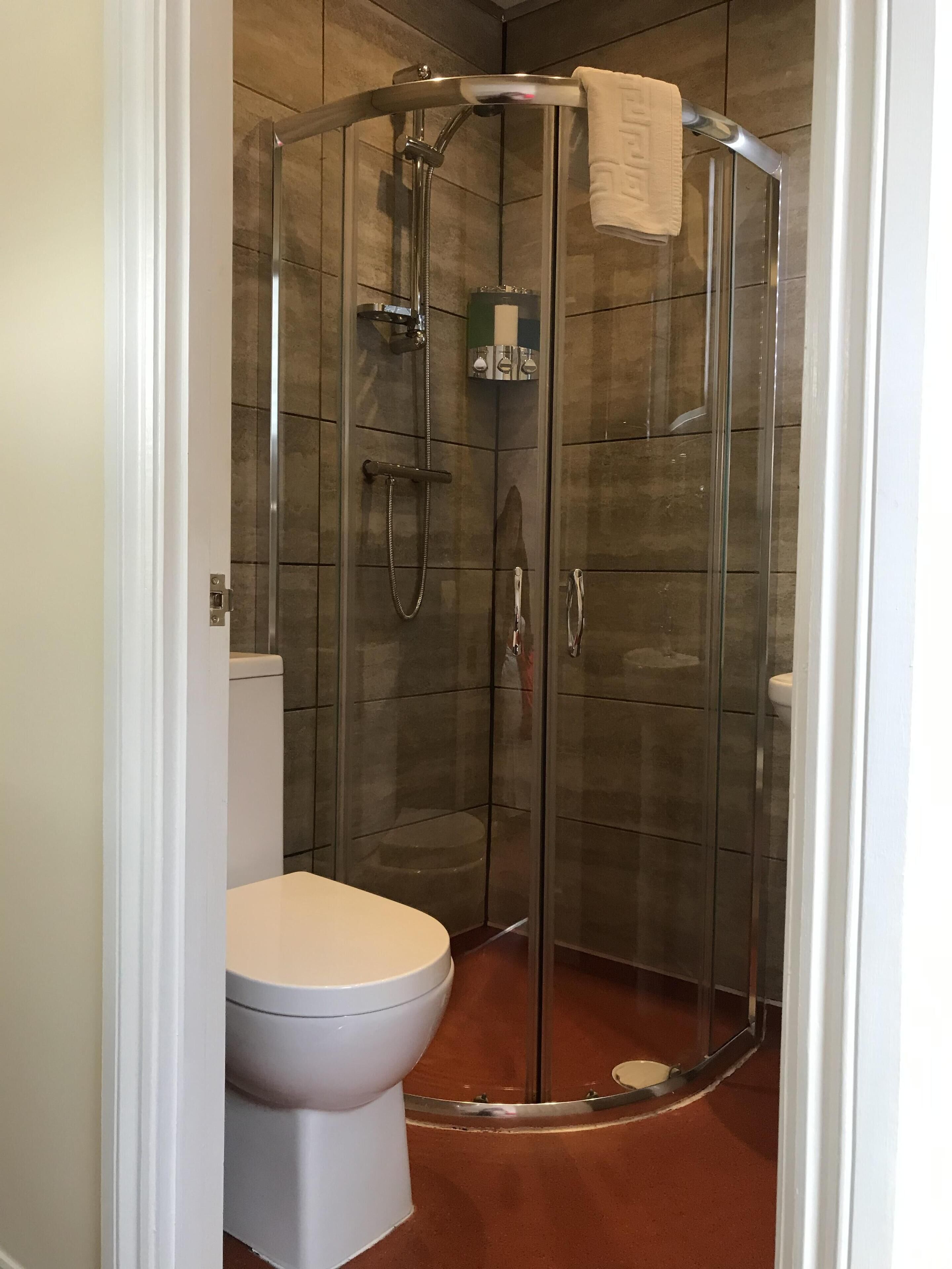 Une cabine de douche fermée par des parois en verre, avec des toilettes et une serviette accrochée à la porte.