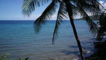 A beach with clear blue water, palm trees, and a wooden structure.