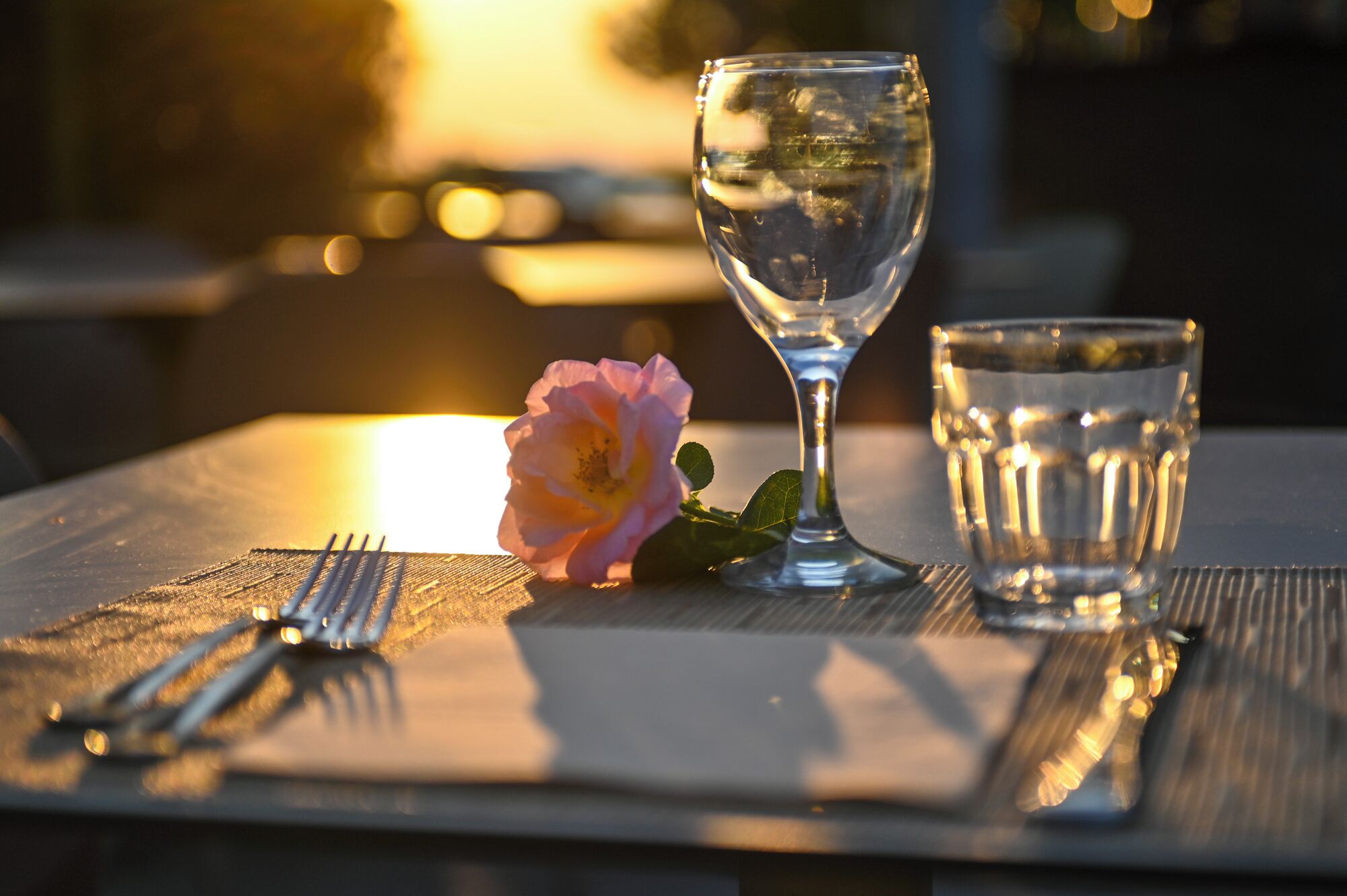 A table set with a wine glass, a water glass, and a rose.