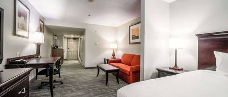 A hotel room with a bed, desk, chair, and a sofa.