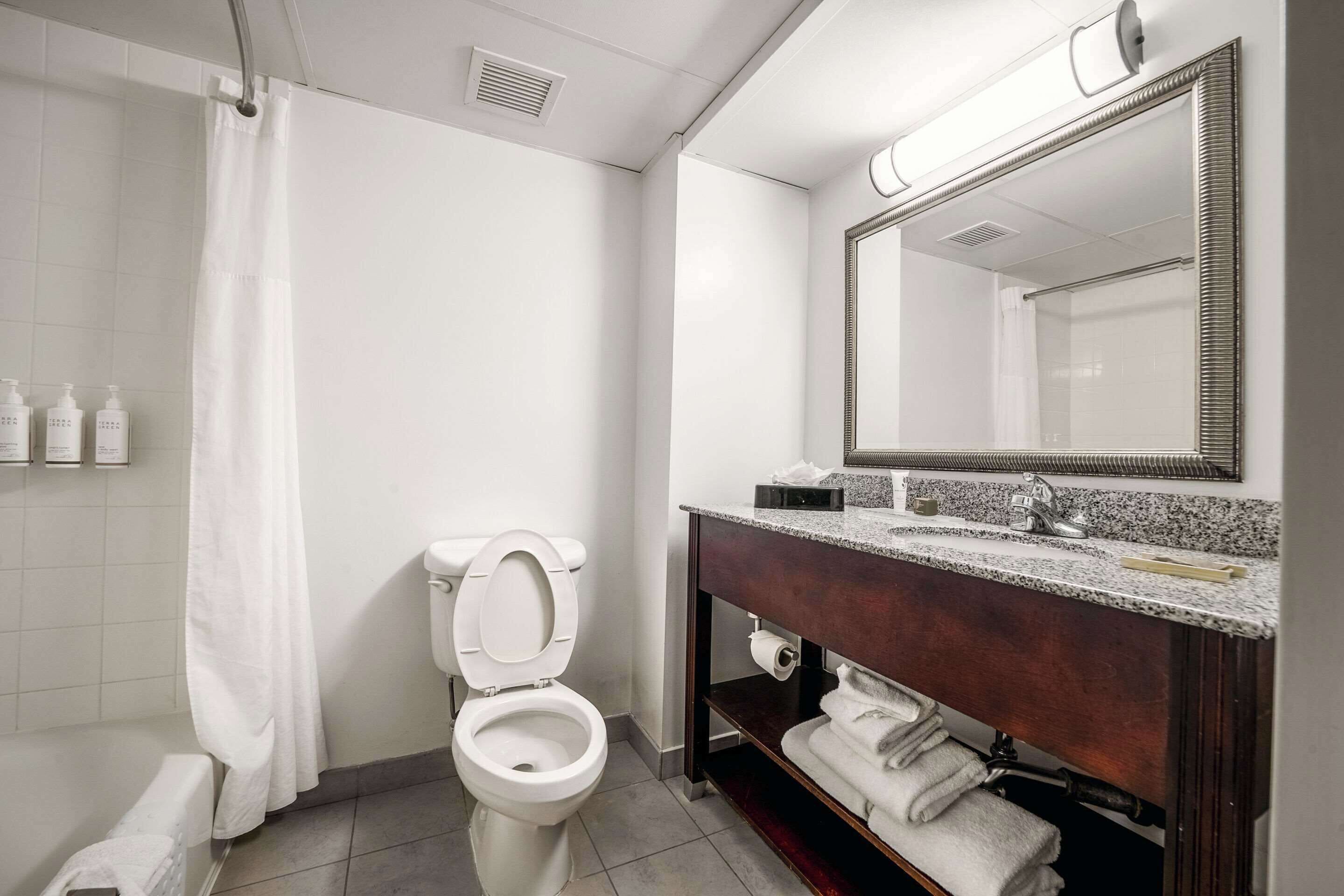 Un baño con inodoro, cortina de ducha, lavabo con espejo y toallero.