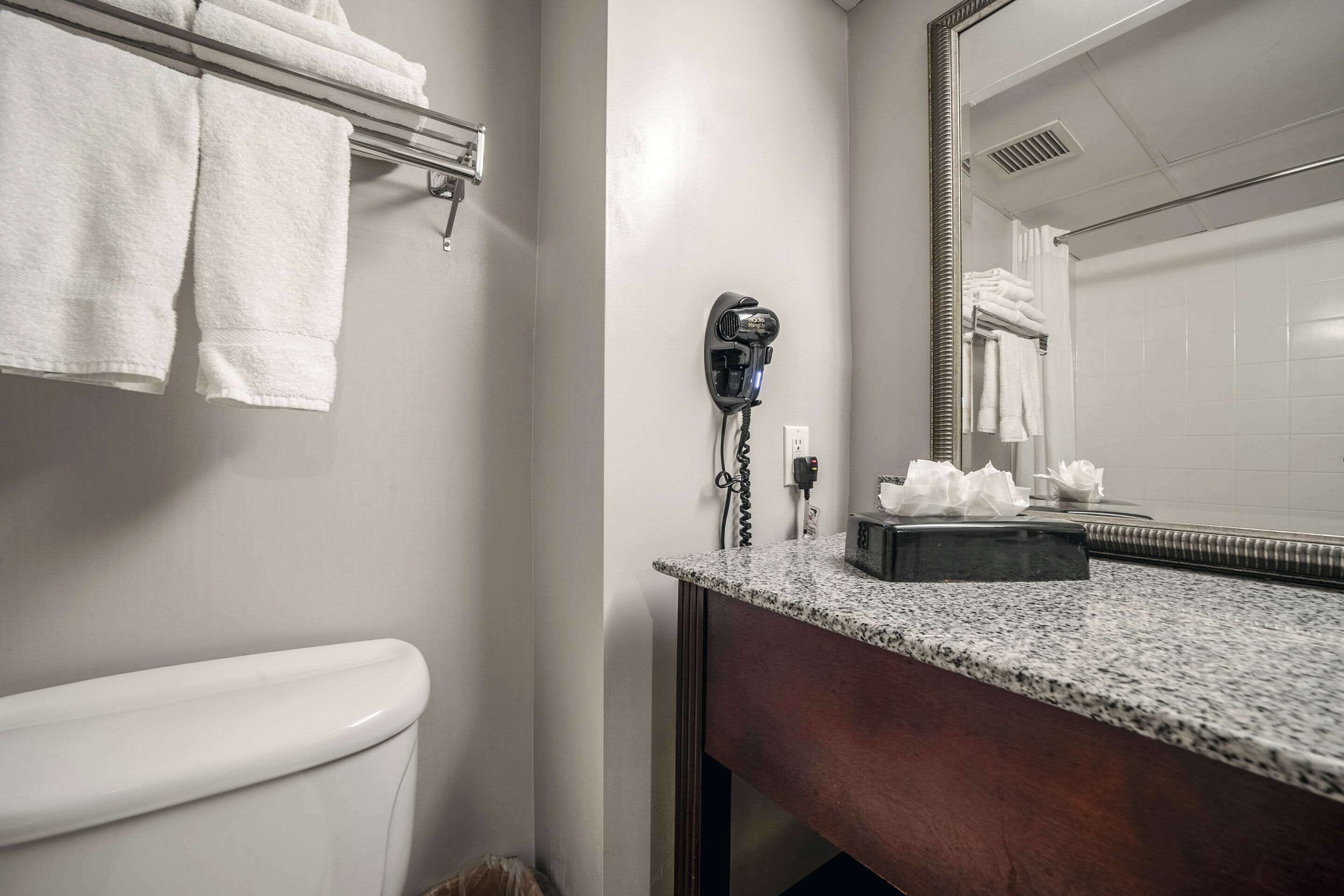 Une salle de bain comprenant des toilettes, un porte-serviettes avec des serviettes, un sèche-cheveux, un miroir et un plan de toilette.
