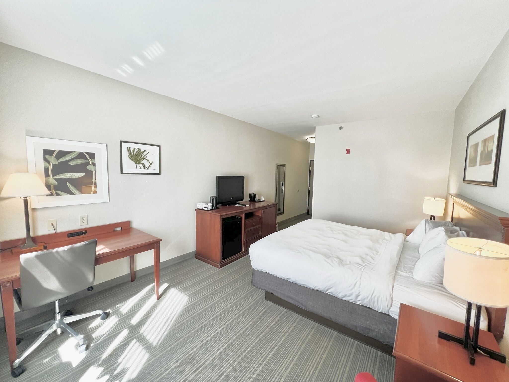 Habitación de hotel con cama, escritorio, silla, televisión y obras de arte en las paredes.