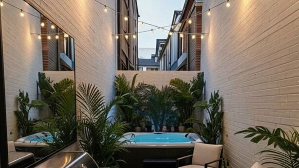 A narrow courtyard with a hot tub, string lights, and potted plants. - Hastings House (St Leonards-On-Sea)