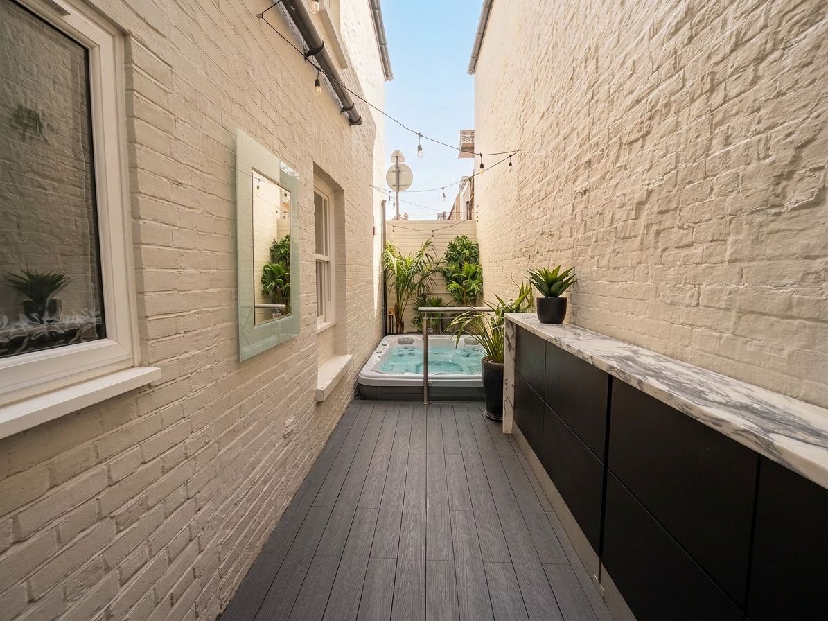 A narrow outdoor corridor with a wooden floor, a hot tub, and potted plants.