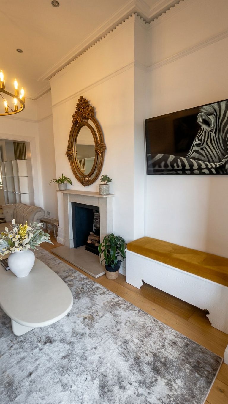 A living room with a fireplace, a bench, a sofa, a coffee table, and a painting of a zebra.