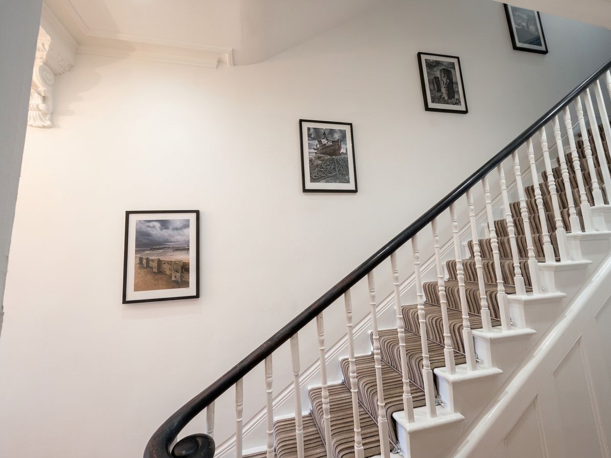 A staircase with white balusters and a dark handrail, leading to a landing with framed artwork on the wall.