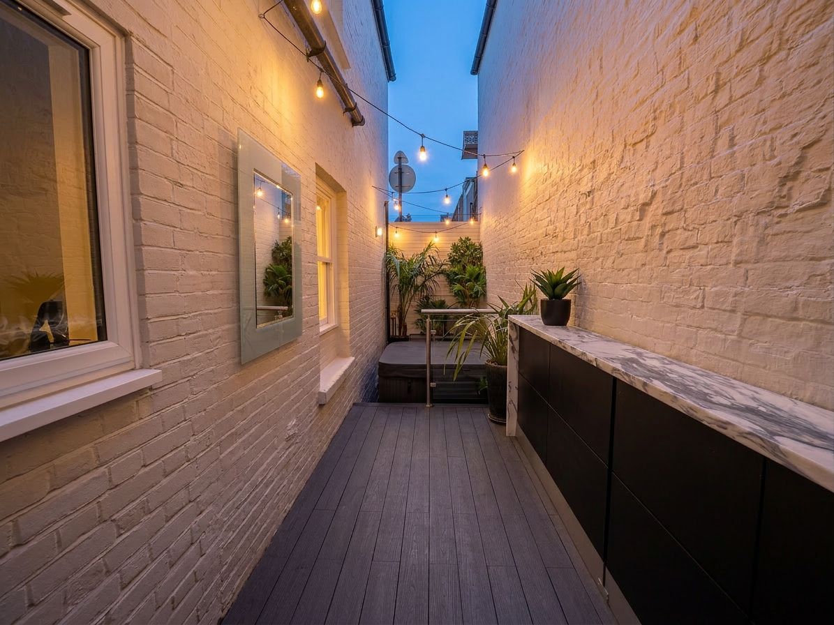 A narrow outdoor corridor with a wooden deck, brick walls, and string lights.