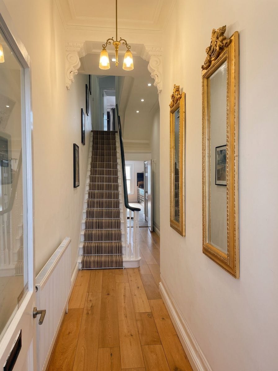 A hallway with a staircase, white walls, and a radiator.