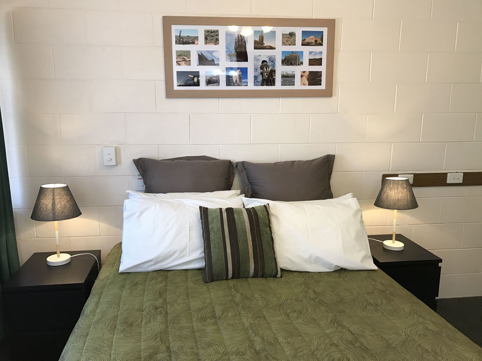 Individually decorated, desk, blackout curtains, iron/ironing board