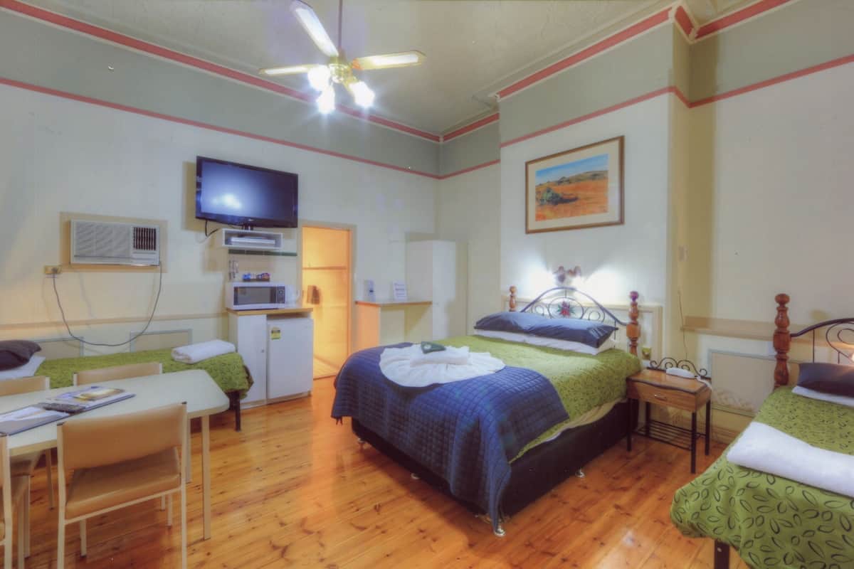 A bedroom with a bed, a desk, a chair, a television, and a ceiling fan.