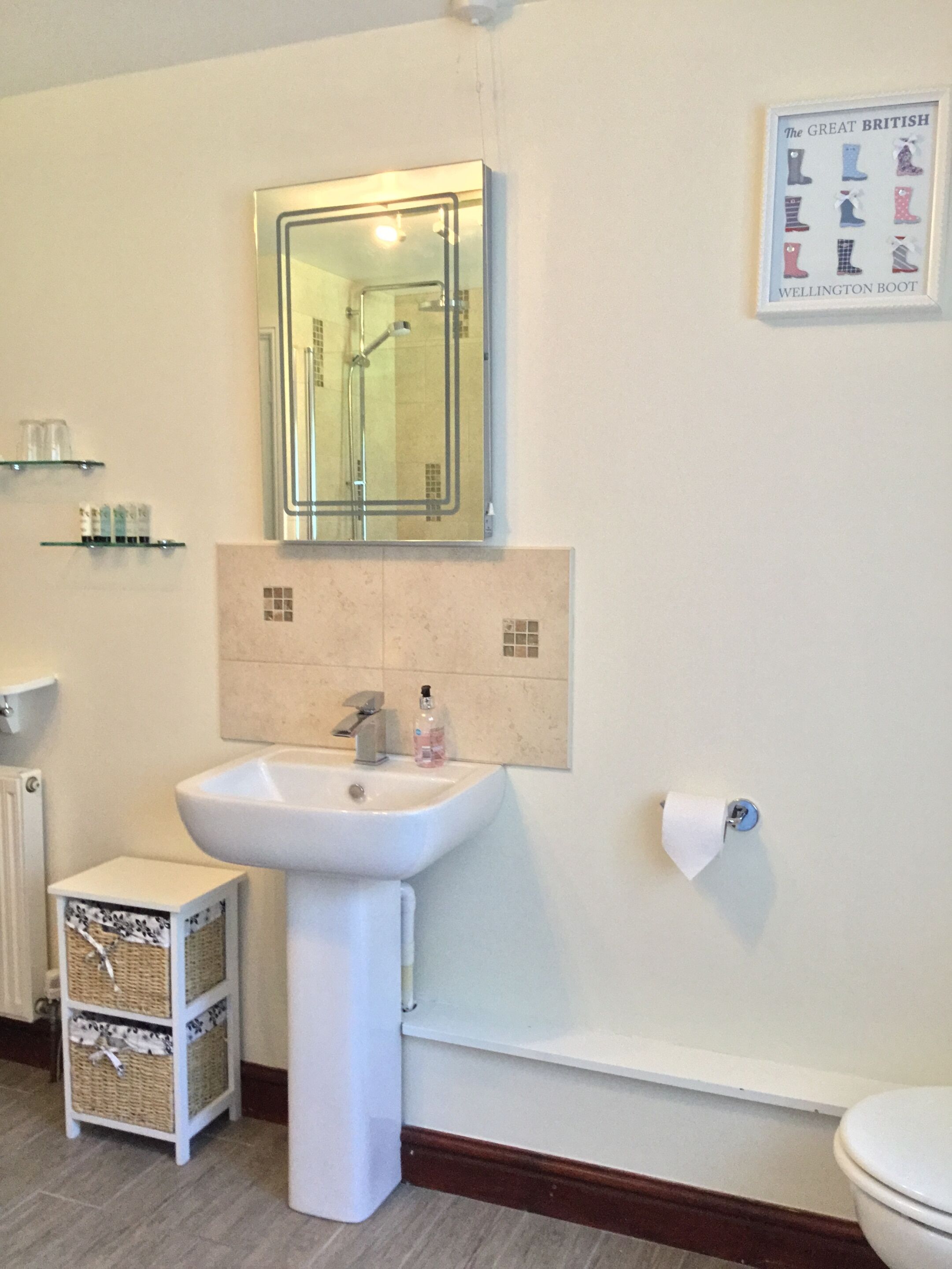 A bathroom with a sink, mirror, and toilet. There is a framed picture of Wellington boots on the wall.