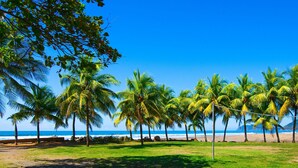 A beach with palm trees and a clear blue sky. - Beach Break Resort (Jacó)