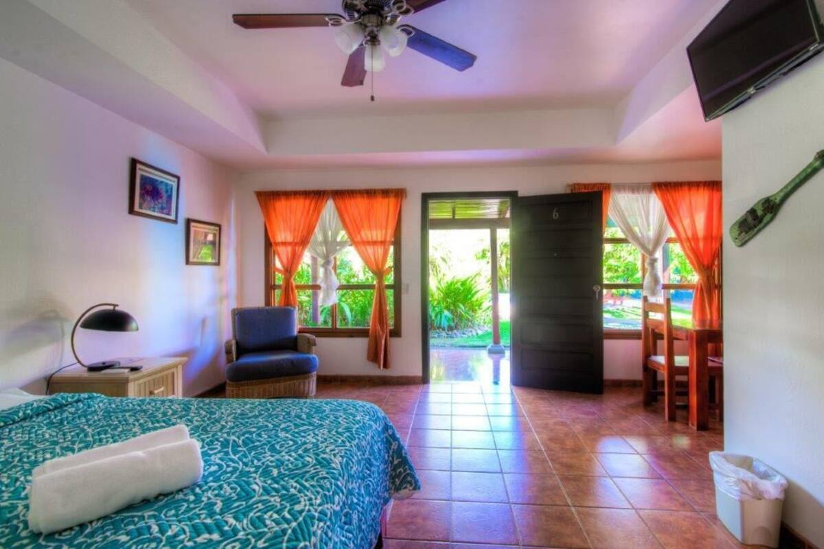 A hotel room with a bed, a desk with a lamp, a chair, a TV, and a view of the outdoors.