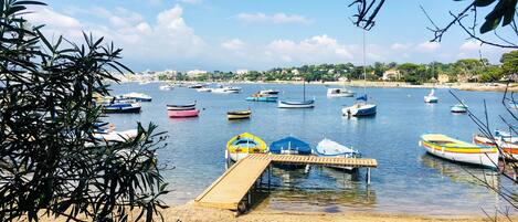 A marina with boats docked, a wooden pier, and a beach in the background.