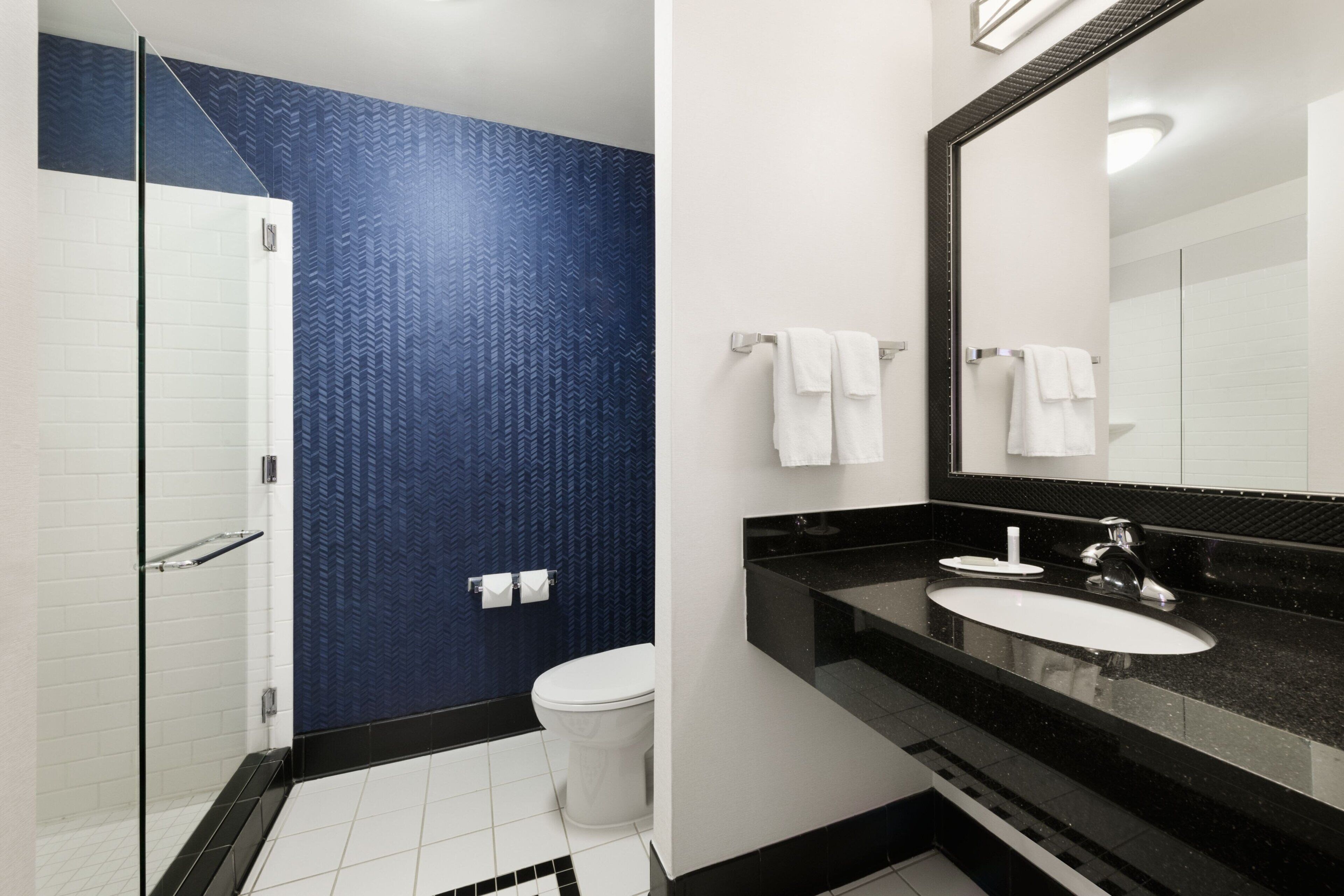 combined shower/bathtub, free toiletries, hair dryer, towels