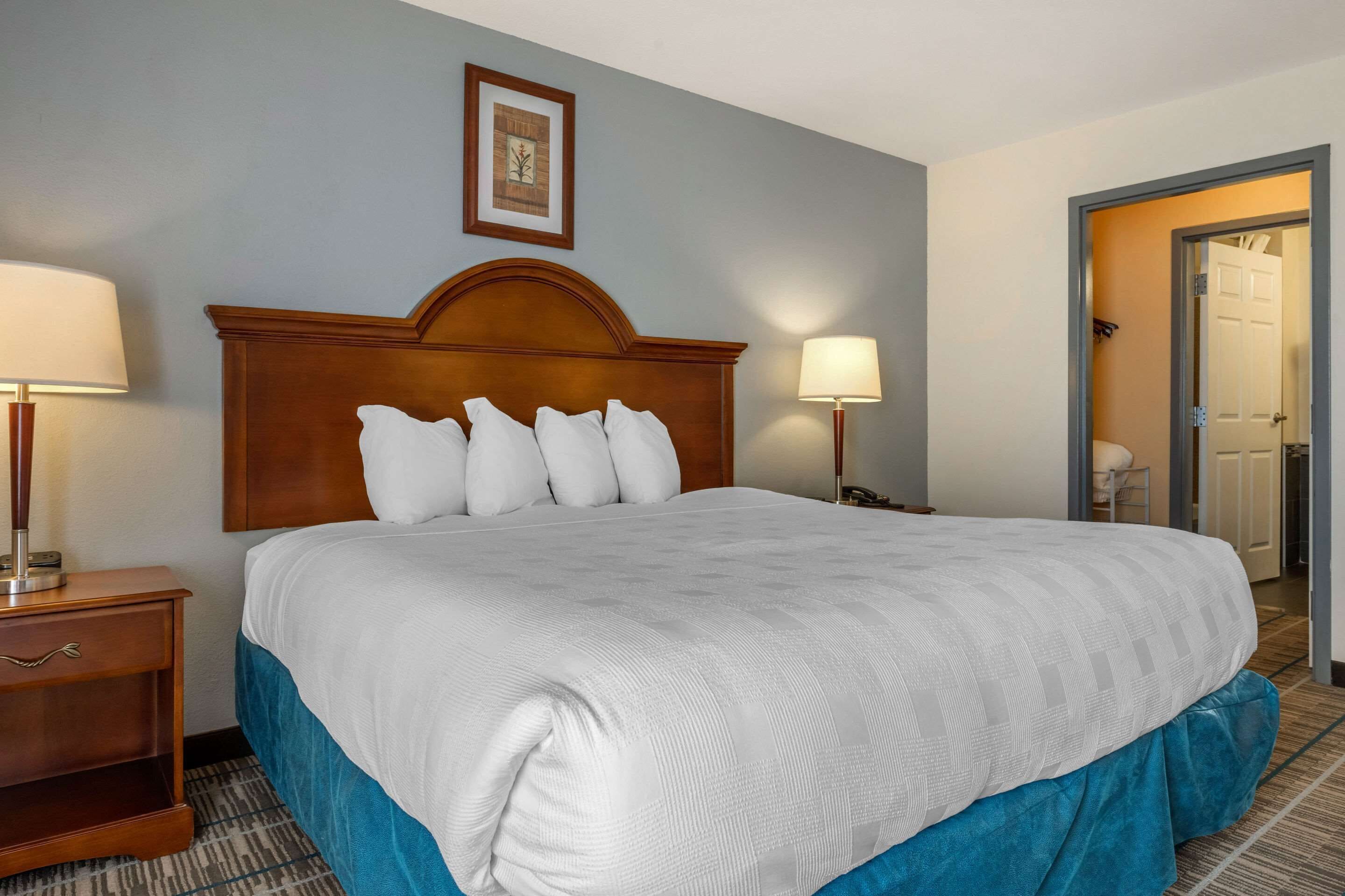 A hotel room with a large bed, two bedside tables with lamps, a framed picture on the wall, and a door leading to another room.