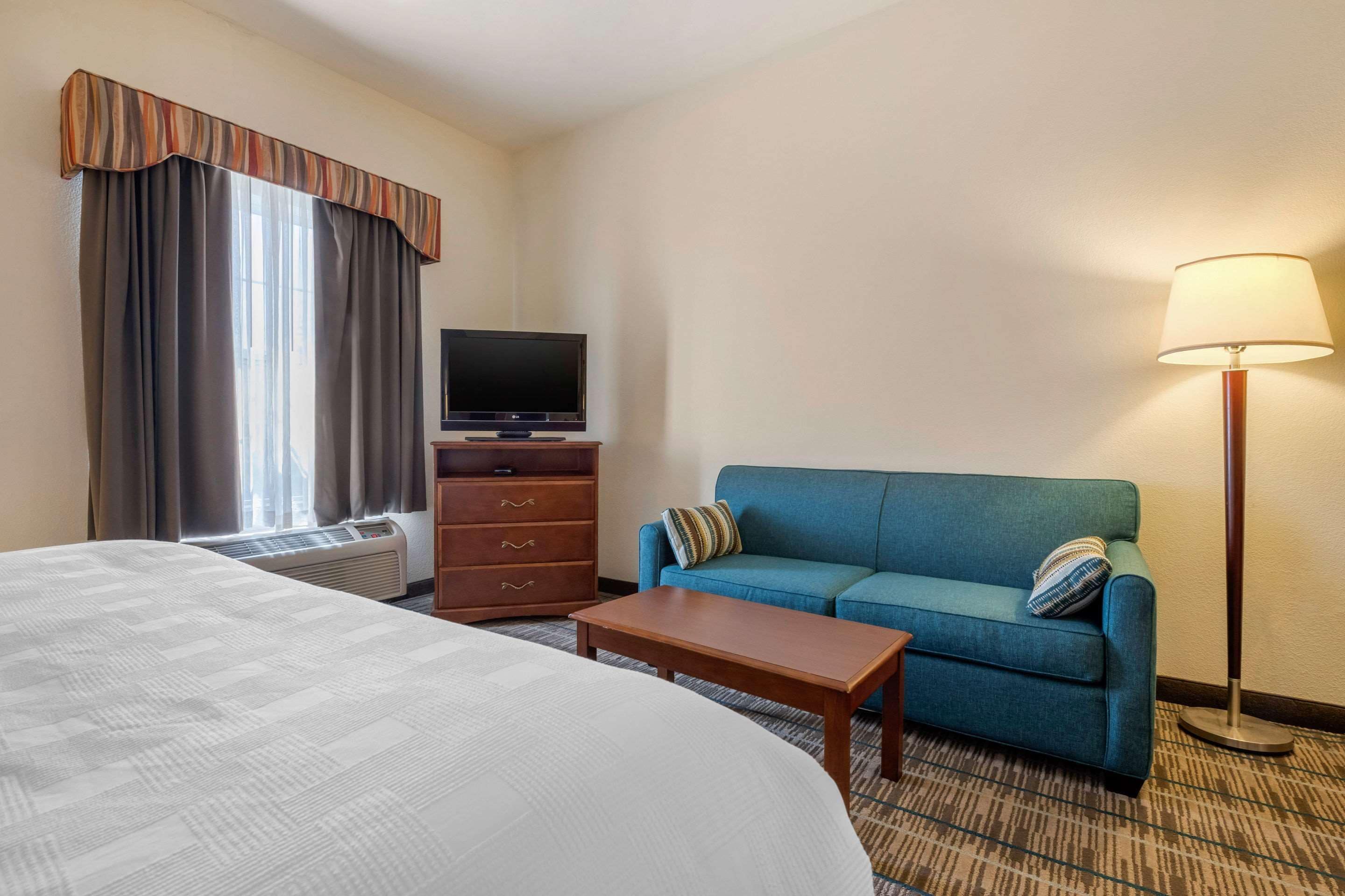 A hotel room with a large bed, a blue sofa, a wooden nightstand, a flat-screen TV, a lamp, and a window with curtains.