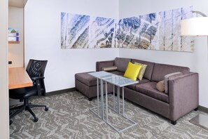 Desk, laptop workspace, blackout drapes, iron/ironing board