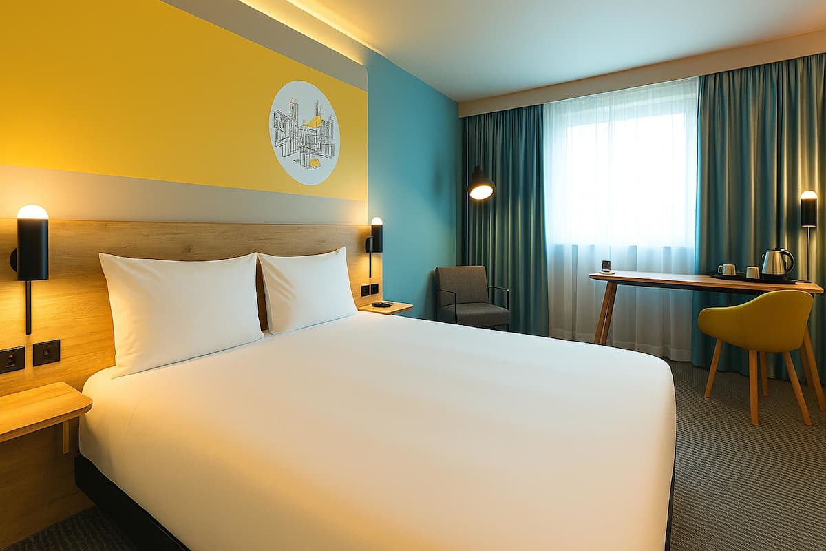 A hotel room with a large bed, a desk, two chairs, a wall-mounted lamp, and a window with curtains.