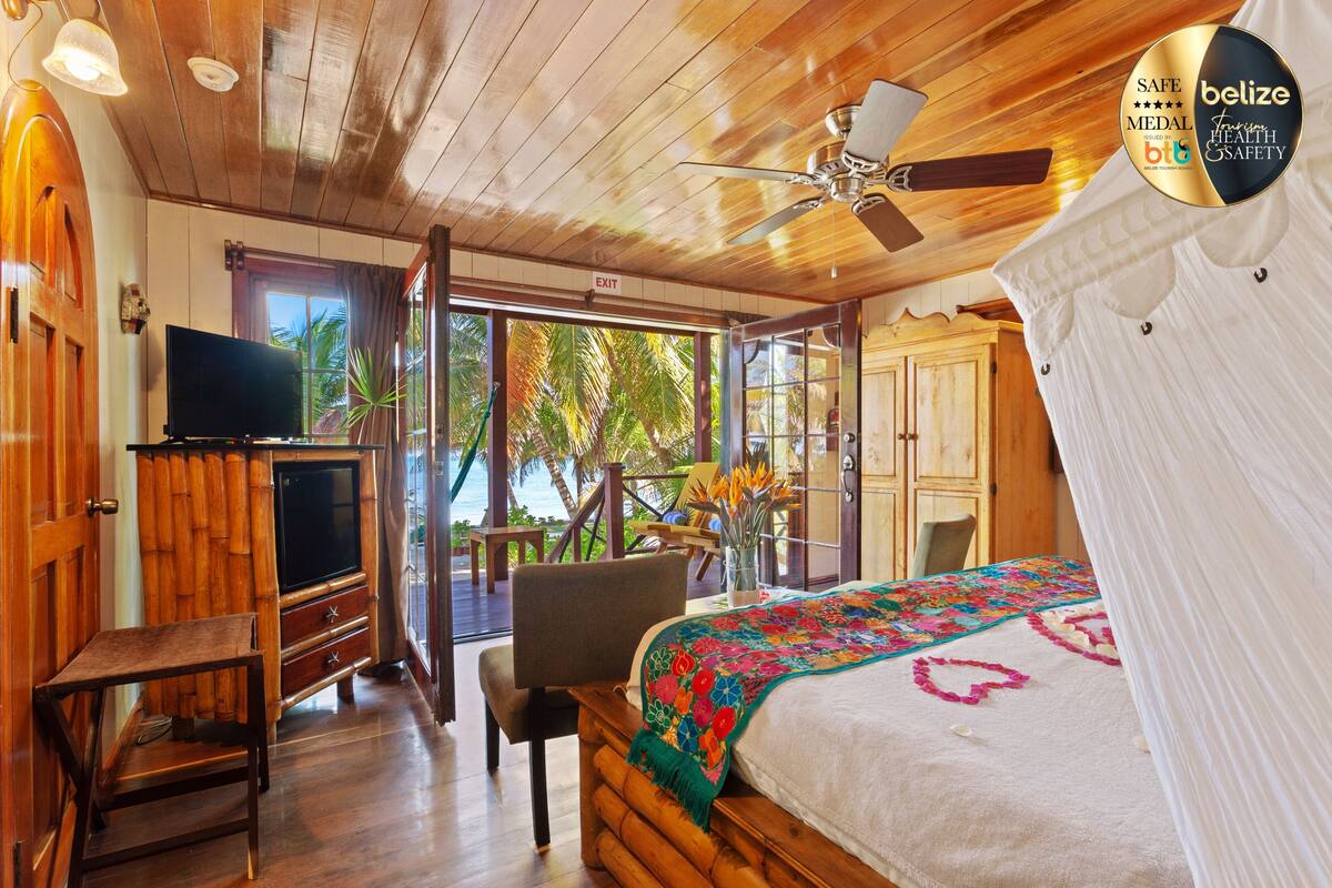 Een kamer met een bed, een televisie, een stoel en uitzicht op palmbomen.
