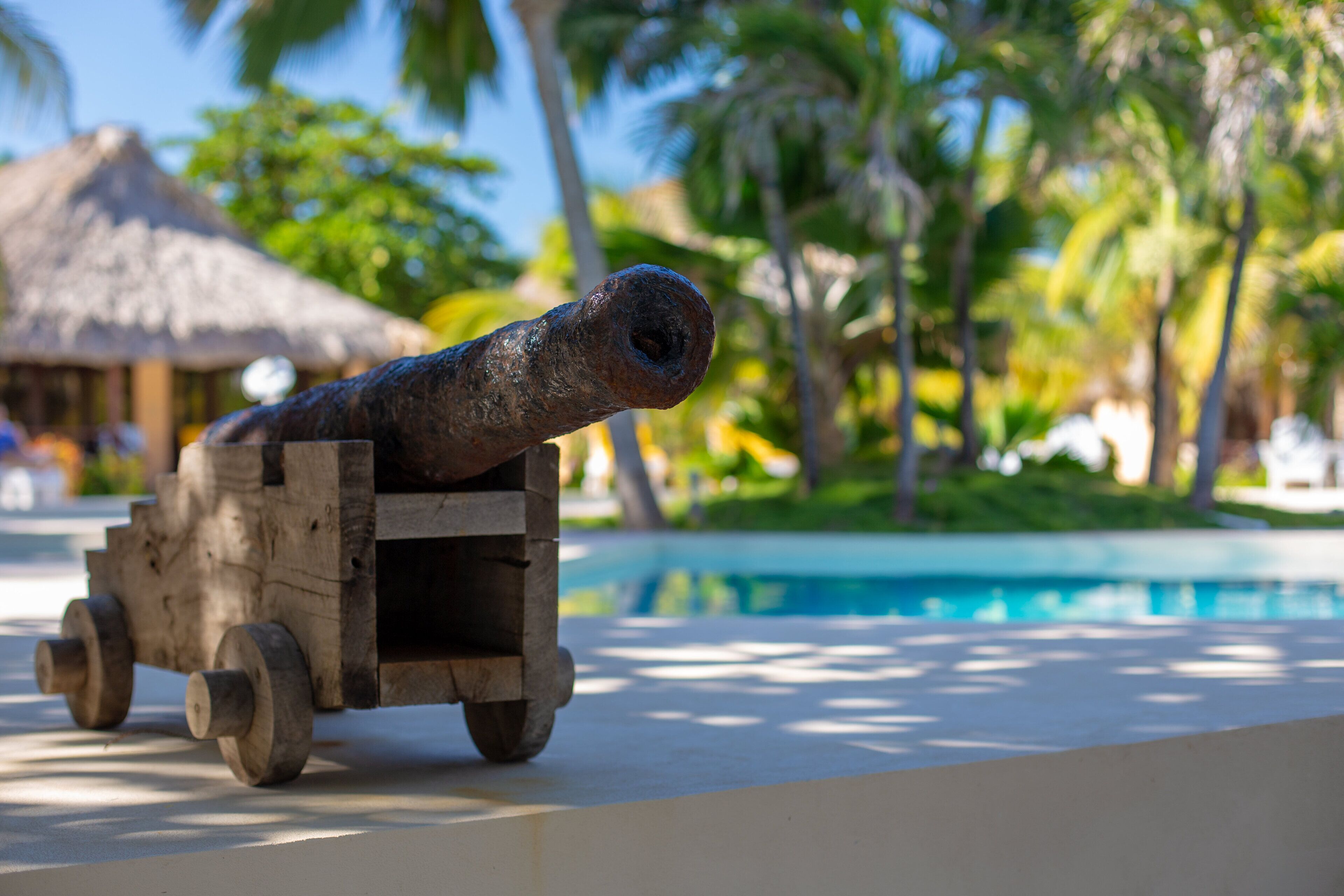 A wooden cannon on display near a pool with palm trees and a thatched-roof hut in the background.