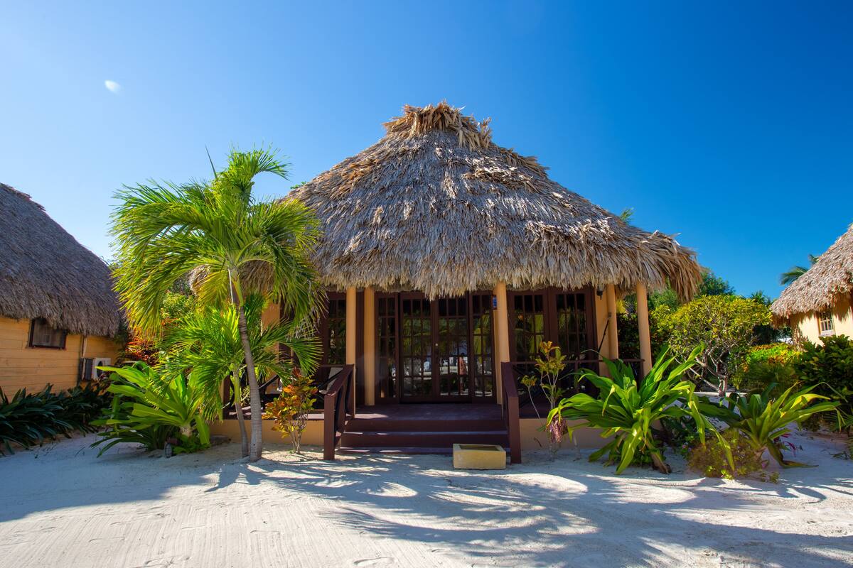 Een rieten hut met een veranda, omgeven door palmbomen en zand.